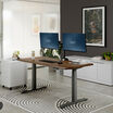 Walnut electric standing desk with gray frame in its lowered position in a modern office, with dual monitors, keyboard, mouse, books, a white filing cabinet, a white credenza and a striped rug.